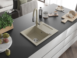 Mexen Enzo 1-bowl granite kitchen sink with drainer and Savita kitchen tap, beige - 6506-69-672601-69