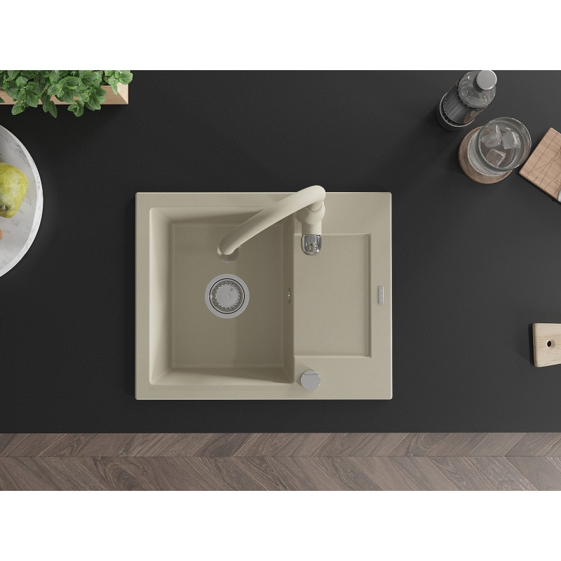 Mexen Enzo granit sink 1-bowl with drainer and kitchen faucet Savita, beige - 6506-69-672601-69