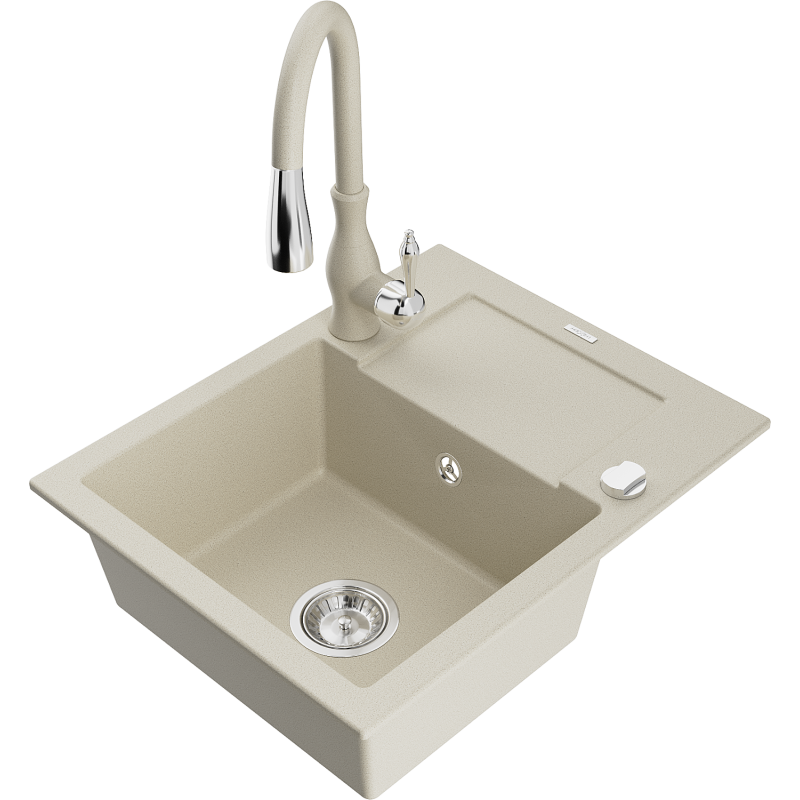 Mexen Enzo 1-compartment granite sink with a drip tray and kitchen mixer tap Savita, Beige - 6506-69-672601-69