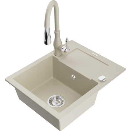 Mexen Enzo 1-compartment granite sink with a drip tray and kitchen mixer tap Savita, Beige - 6506-69-672601-69