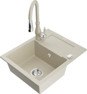 Mexen Enzo 1-compartment granite sink with a drip tray and kitchen mixer tap Savita, Beige - 6506-69-672601-69