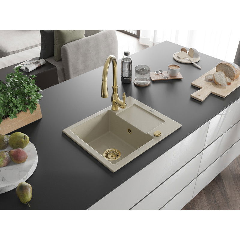 Mexen Enzo granite sink 1-bowl with drainer and Savita kitchen faucet, beige - 6506-69-672601-50