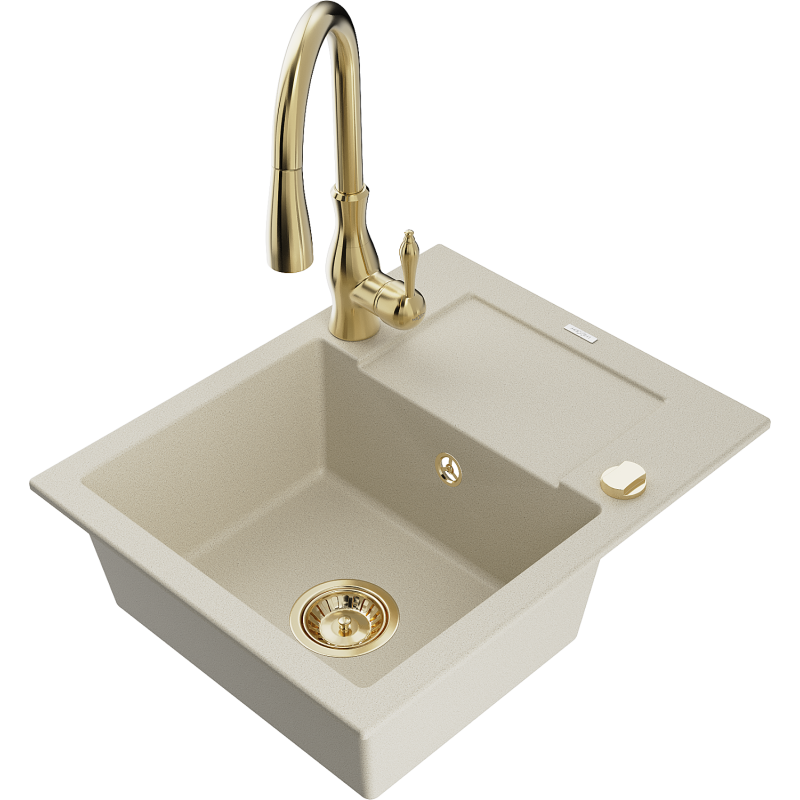 Mexen Enzo 1-compartment granite sink with a drip tray and kitchen mixer tap Savita, Beige - 6506-69-672601-50