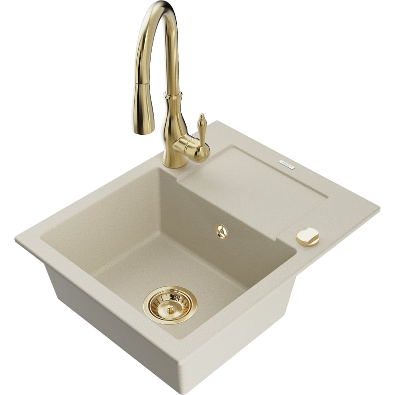 Mexen Enzo Granite Sink 1-Bowl with Drainer and Kitchen Faucet Savita, Beige - 6506-69-672601-50