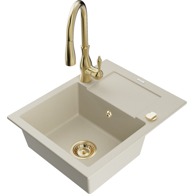 Mexen Enzo granite sink 1-bowl with drainer and Savita kitchen faucet, beige - 6506-69-672601-50
