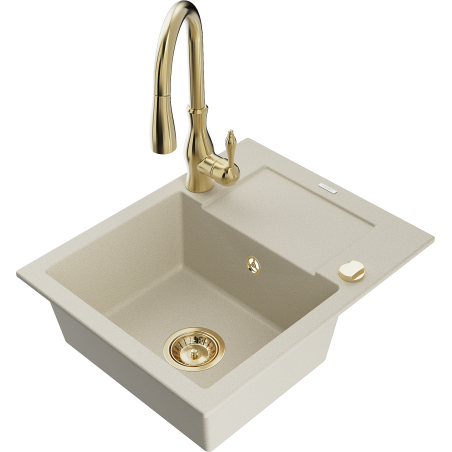 Mexen Enzo 1-bowl granite sink with drainer and Savita kitchen faucet, beige - 6506-69-672601-50