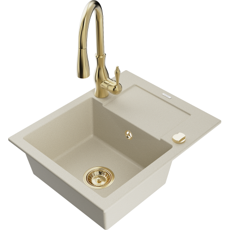 Mexen Enzo granite sink 1-bowl with drainer and Savita kitchen faucet, beige - 6506-69-672601-50