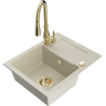 Mexen Enzo granite sink 1-bowl with drainer and Savita kitchen faucet, beige - 6506-69-672601-50