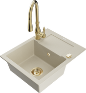 Mexen Enzo 1-compartment granite sink with a drip tray and kitchen mixer tap Savita, Beige - 6506-69-672601-50