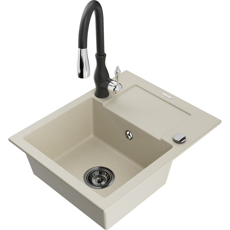 Mexen Enzo 1-bowl granite sink with drainer and Savita kitchen tap, beige - 6506-69-672601-70