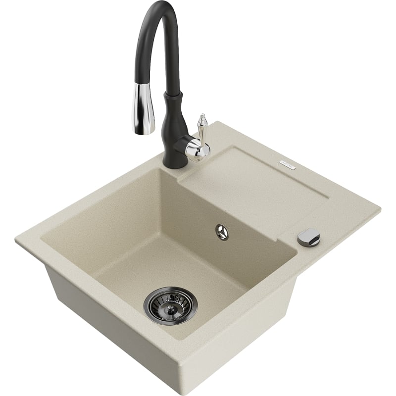 Mexen Enzo granite kitchen sink 1-bowl with drainer and Savita kitchen faucet, beige - 6506-69-672601-70