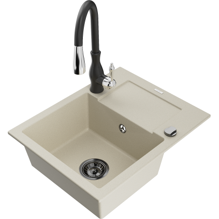 Mexen Enzo 1-bowl granite sink with drainer and Savita kitchen tap, beige - 6506-69-672601-70