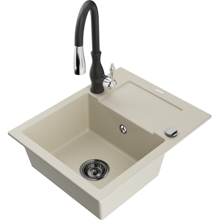 Mexen Enzo granite sink single-bowl with drainer and Savita kitchen faucet, beige - 6506-69-672601-70