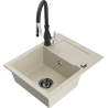 Mexen Enzo granite sink single-bowl with drainer and Savita kitchen faucet, beige - 6506-69-672601-70