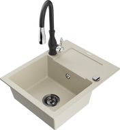 Mexen Enzo granite sink single-bowl with drainer and Savita kitchen faucet, beige - 6506-69-672601-70