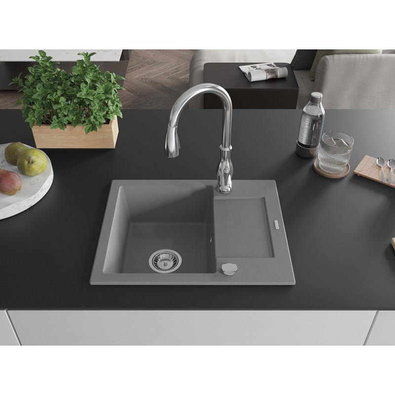 Mexen Enzo granite kitchen sink 1-bowl with drainer and Savita kitchen faucet, gray - 6506-71-672601-00