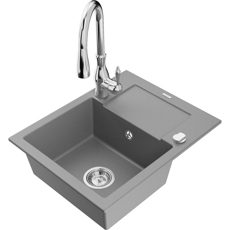Mexen Enzo 1-compartment granite sink with a drip tray and kitchen mixer tap Savita, Grey - 6506-71-672601-00