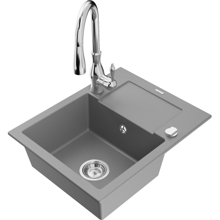 Mexen Enzo 1-compartment granite sink with a drip tray and kitchen mixer tap Savita, Grey - 6506-71-672601-00