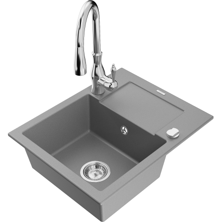 Mexen Enzo granite kitchen sink single-bowl with drainer and Savita kitchen faucet, gray - 6506-71-672601-00