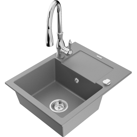 Mexen Enzo granite sink single-bowl with drainer and Savita kitchen tap, grey - 6506-71-672601-00