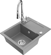 Mexen Enzo granite sink single-bowl with drainer and Savita kitchen tap, grey - 6506-71-672601-00