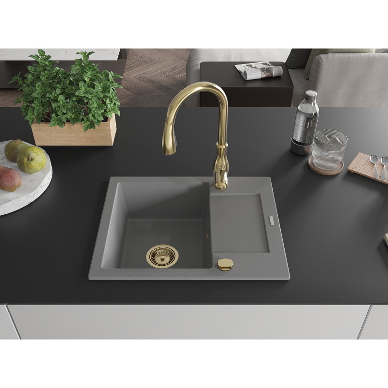 Mexen Enzo granite sink 1-bowl with drainer and Savita kitchen faucet, gray - 6506-71-672601-50