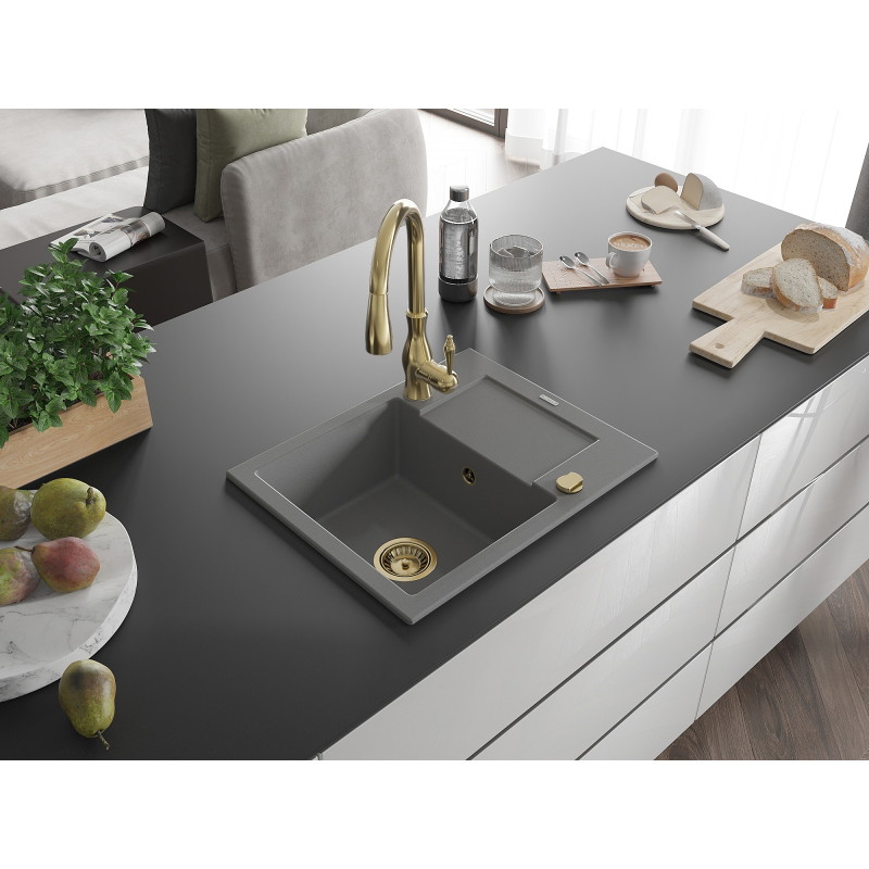 Mexen Enzo 1-Bowl Granite Sink with Drainer and Savita Kitchen Faucet, Gray - 6506-71-672601-50
