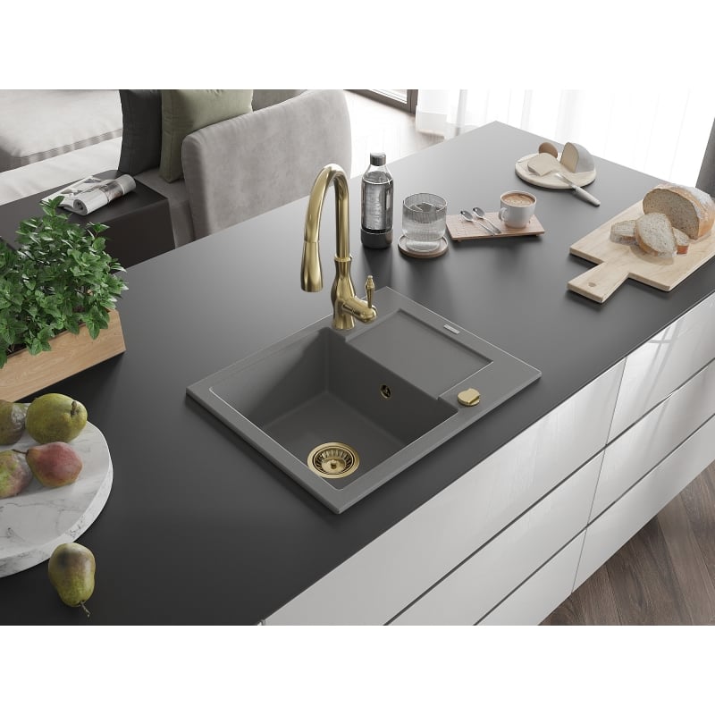 Mexen Enzo granite sink 1-bowl with drainer and Savita kitchen faucet, gray - 6506-71-672601-50