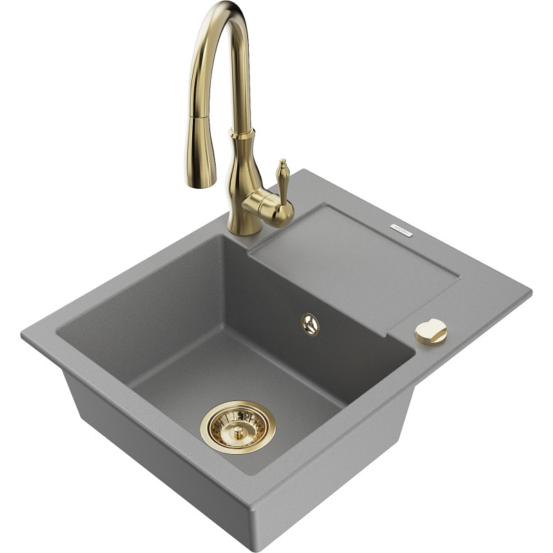 Mexen Enzo 1-Bowl Granite Sink with Drainer and Savita Kitchen Faucet, Gray - 6506-71-672601-50