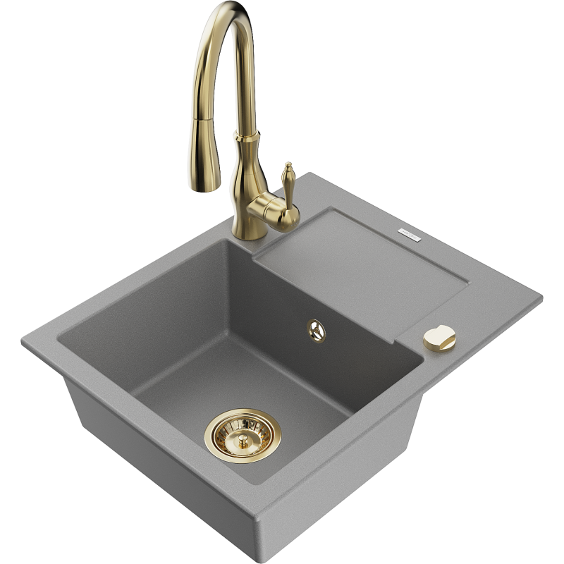 Mexen Enzo 1-compartment granite sink with a drip tray and kitchen mixer tap Savita, Grey - 6506-71-672601-50