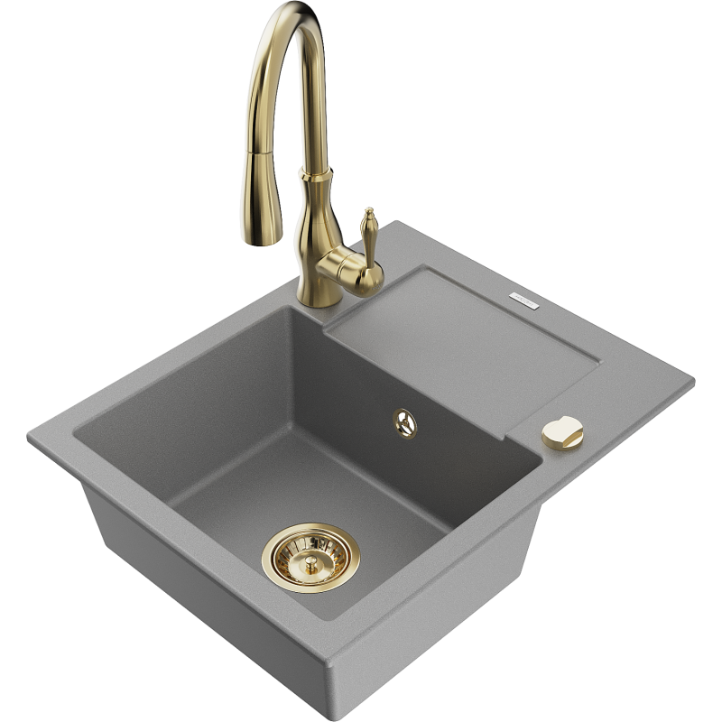 Mexen Enzo granite kitchen sink with 1 bowl, drainer and Savita kitchen tap, grey - 6506-71-672601-50