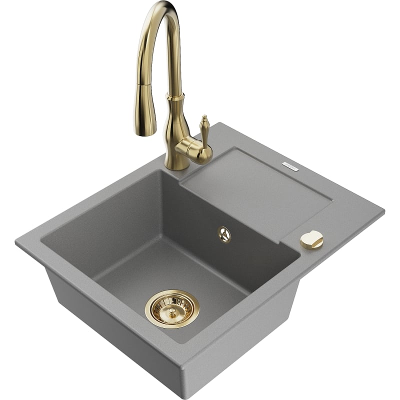 Mexen Enzo granite sink 1-bowl with drainer and Savita kitchen faucet, gray - 6506-71-672601-50
