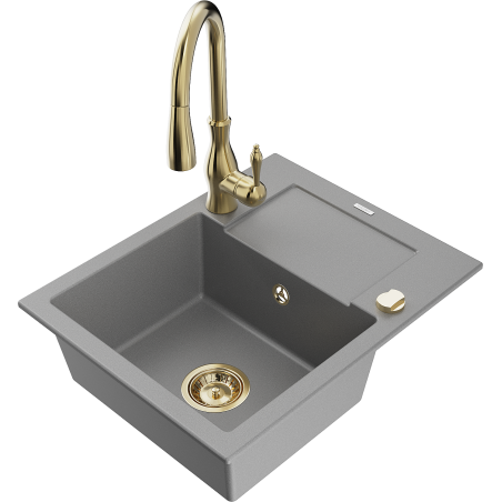 Mexen Enzo 1-compartment granite sink with a drip tray and kitchen mixer tap Savita, Grey - 6506-71-672601-50