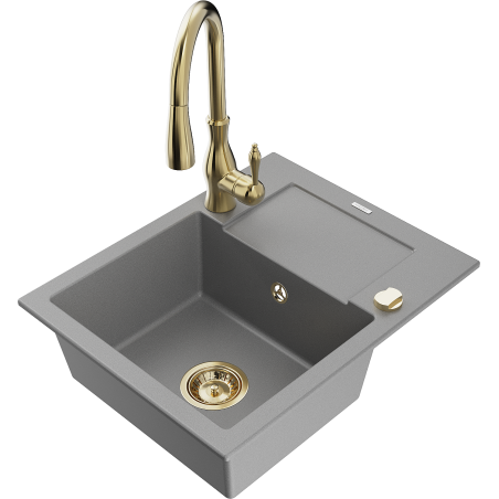 Mexen Enzo granite kitchen sink with 1 bowl, drainer and Savita kitchen tap, grey - 6506-71-672601-50