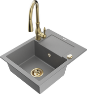 Mexen Enzo 1-compartment granite sink with a drip tray and kitchen mixer tap Savita, Grey - 6506-71-672601-50