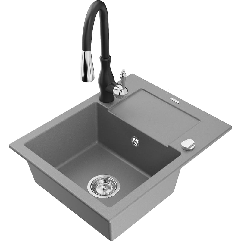 Mexen Enzo granite single-bowl kitchen sink with drainer and Savita kitchen faucet, gray - 6506-71-672601-70