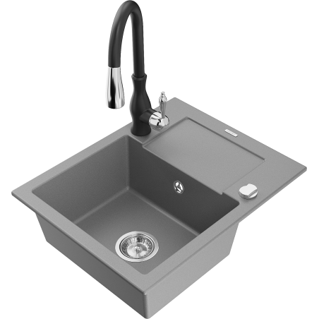Mexen Enzo 1-compartment granite sink with a drip tray and kitchen mixer tap Savita, Grey - 6506-71-672601-70