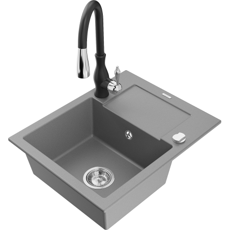 Mexen Enzo granite single-bowl kitchen sink with drainer and Savita kitchen faucet, gray - 6506-71-672601-70