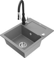 Mexen Enzo 1-compartment granite sink with a drip tray and kitchen mixer tap Savita, Grey - 6506-71-672601-70