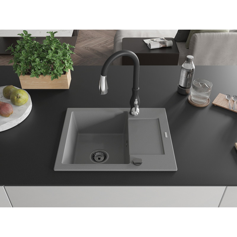 Mexen Enzo granite kitchen sink with 1 compartment, drainer, and Savita kitchen faucet, gray - 6506-71-672601-70-B