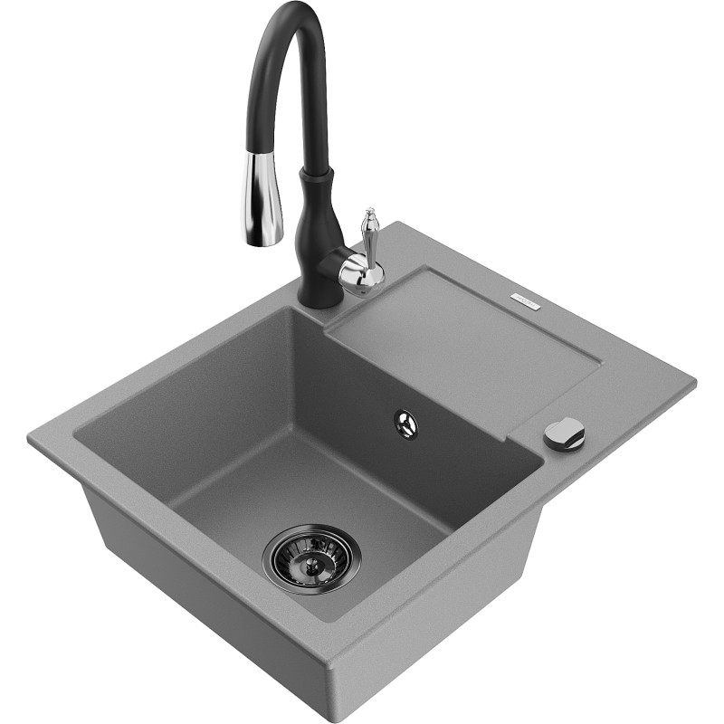 Mexen Enzo 1-Bowl Granite Sink with Drainer and Savita Kitchen Faucet, Gray - 6506-71-672601-70-B