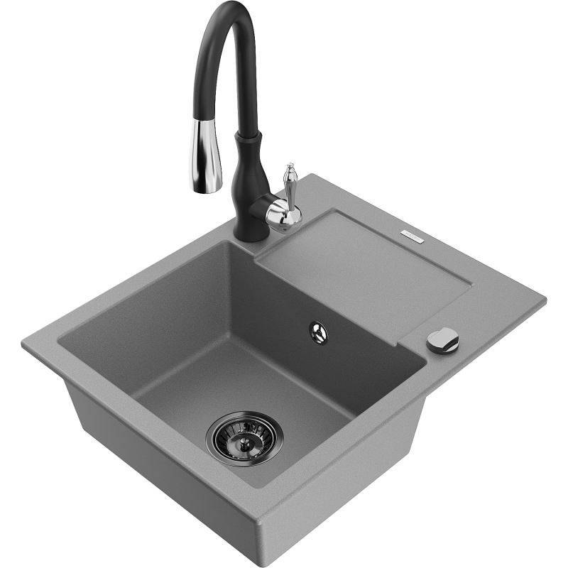 Mexen Enzo 1-compartment granite sink with a drip tray and kitchen mixer tap Savita, Grey - 6506-71-672601-70-B