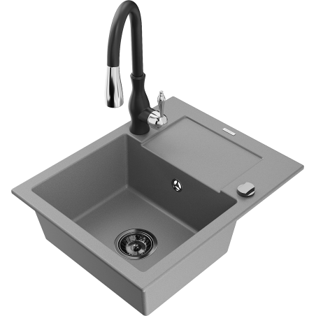 Mexen Enzo 1-compartment granite sink with a drip tray and kitchen mixer tap Savita, Grey - 6506-71-672601-70-B