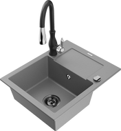 Mexen Enzo Granite Kitchen Sink 1-Bowl with Drainer and Savita Kitchen Tap, Grey - 6506-71-672601-70-B