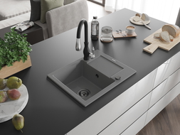 Mexen Enzo 1-compartment granite sink with a drip tray and kitchen mixer tap Savita, Grey - 6506-71-672601-70-B