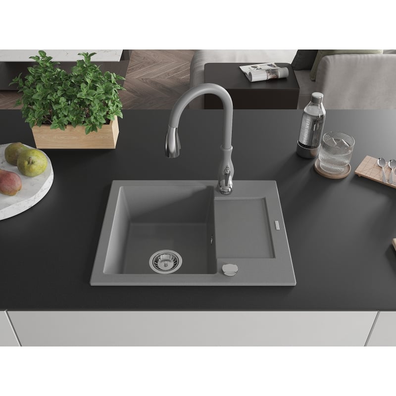 Mexen Enzo 1-Bowl Granite Sink with Drainer and Savita Kitchen Faucet, Gray - 6506-71-672601-71