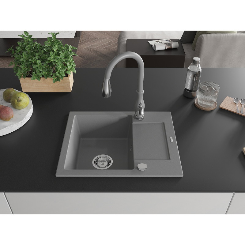 Mexen Enzo granite single-bowl kitchen sink with drainer and Savita faucet, gray - 6506-71-672601-71
