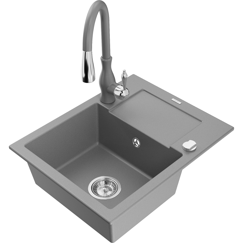 Mexen Enzo 1-compartment granite sink with a drip tray and kitchen mixer tap Savita, Grey - 6506-71-672601-71