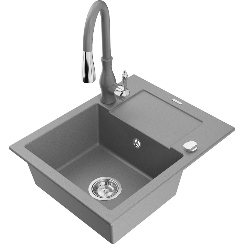 Mexen Enzo granite single-bowl kitchen sink with drainer and Savita faucet, gray - 6506-71-672601-71