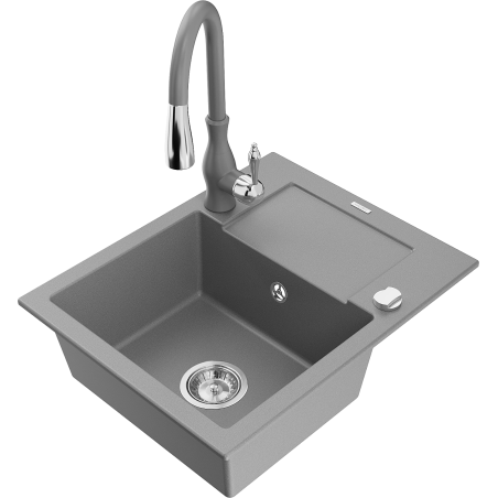 Mexen Enzo granite sink 1-bowl with drainer and Savita kitchen tap, grey - 6506-71-672601-71